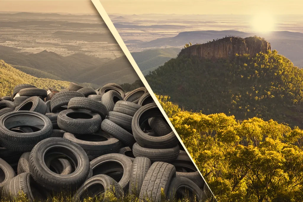 Image showing old tyres then beautiful scenery